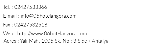 Angora Otel Side telefon numaralar, faks, e-mail, posta adresi ve iletiim bilgileri
